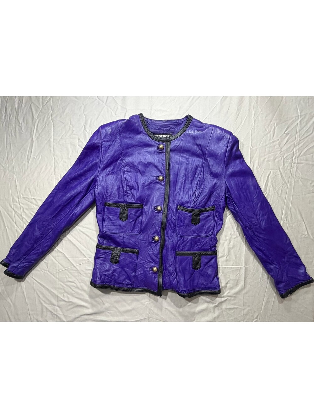 Vtg Begedor Italia Purple Leather Jacket Women’s Size 8 Black Trim Made in Italy